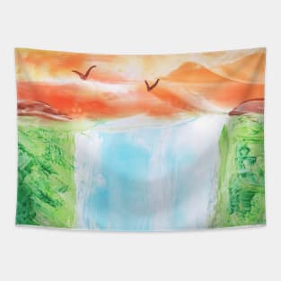 Landscape with waterfall and birds, beautiful nature. Encaustic, art decoration, sketch. Tapestry