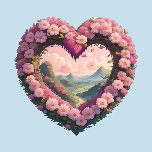 Pink Floral Heart Framing Landscape by Pet And Petal