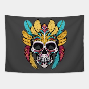 t-shirt design, colorful skull with feathers on it’s head, digital art Tapestry