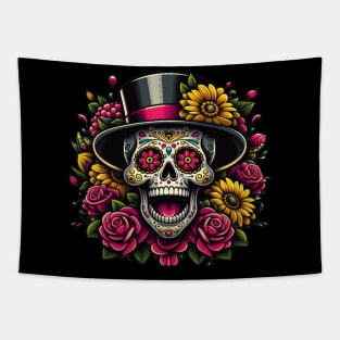 Sugar Skull Art - Tophat and Sunflower Calavera Tapestry