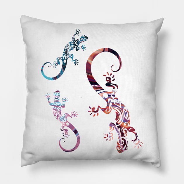 Three Ornate Geckos Colorful Lizard Illustration Pillow by VintCam