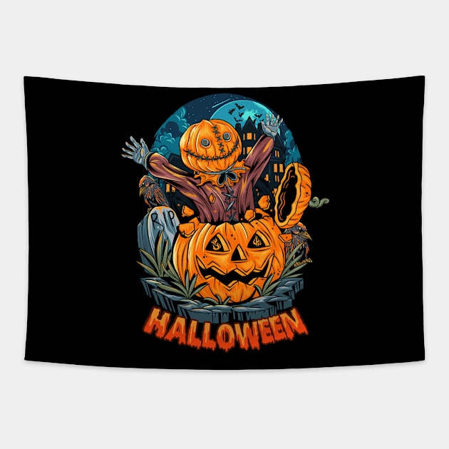 Scary Halloween Pumpkin Design Tapestry by Mako Design 