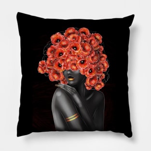 Black and white girl with color beautiful flowers in her head. Pillow