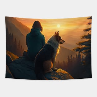 Mountain Hiking Sunset, Adventure Travel with My Dog Tapestry