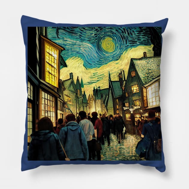 Starry Night in Diagon Alley Pillow by Grassroots Green