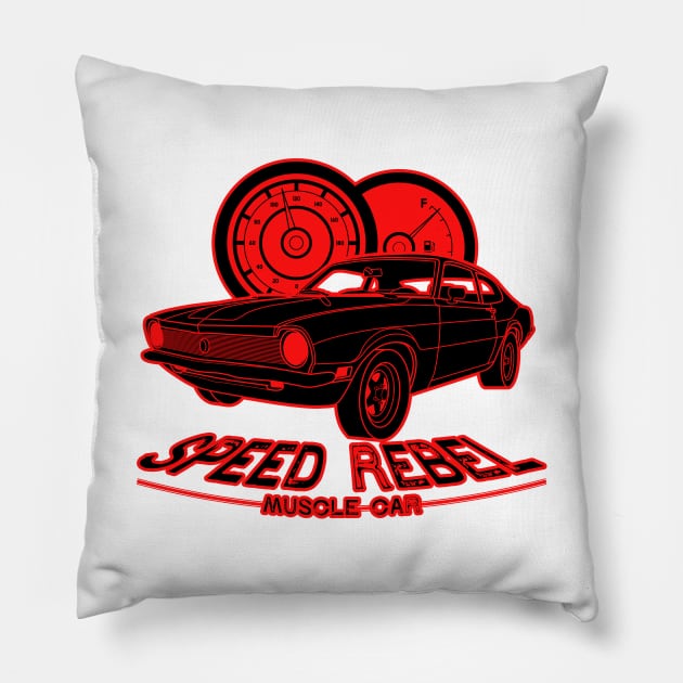 Red Speed Rebel Muscle Car vintage art with speedometer Pillow by Drumsartco
