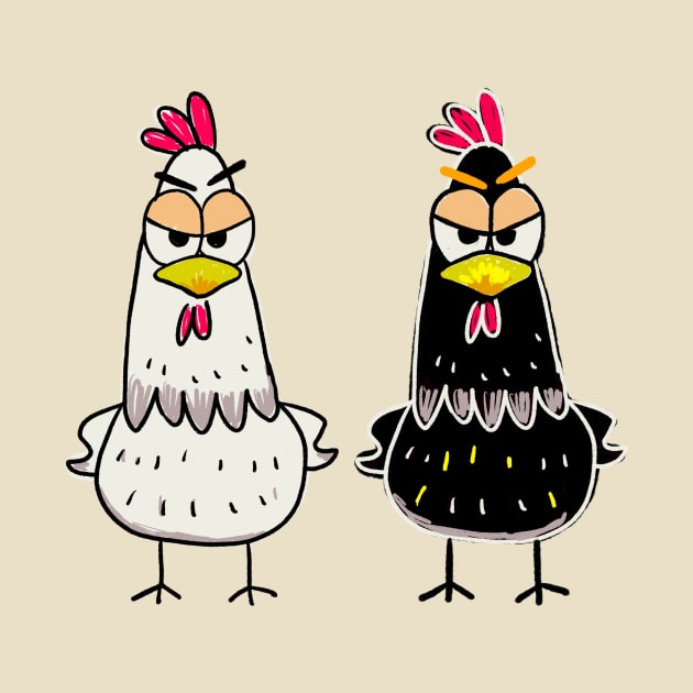 Chicken Society: Angry Black and White Chickens by IdinDesignShop