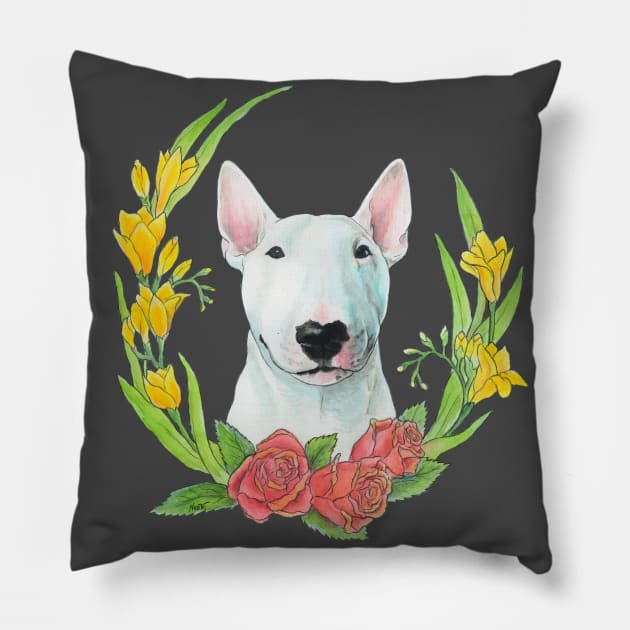 Bull terrier with flowers Pillow by Noewi