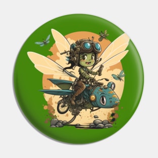 Steampunk Battle Fairy Ridging a Mechanical Dragonfly Pin