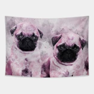 Pink Pug Puppies. Dog Watercolor Portrait 01 Tapestry