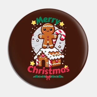 Gingerbread Man with Candy Cane on Gingerbread House. Pin