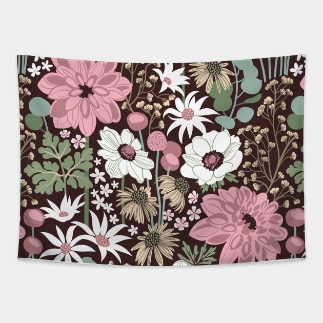 Boho garden // pattern // expresso brown background sage green cotton candy pink dry rose ivory and white flowers Tapestry by SelmaCardoso