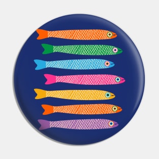 ANCHOVIES Bright Graphic Fun Groovy Fish in Rainbow Colors on Royal Blue - Horizontal Layout - UnBlink Studio by Jackie Tahara Pin