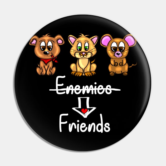 Enemies and Friends - Dog, cat, mouse - white Pin by emyzingdesignz