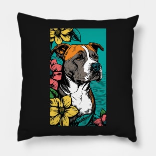 American Staffordshire Terrier PitBull Dog Vibrant Tropical Flower Tall Retro Vintage Digital Pop Art Portrait 4 Pillow