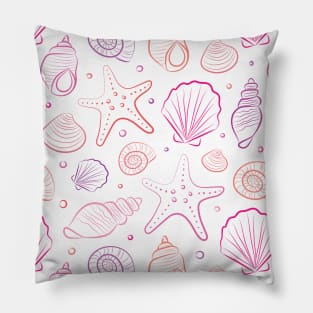 Sea shells illustration. Pink, white, lilac purple. Summer ocean beach print. Pillow