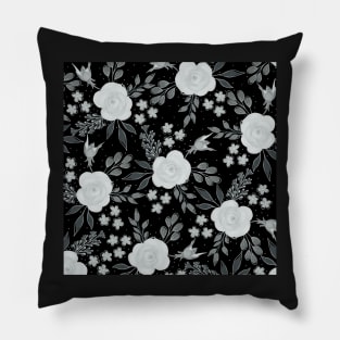 Black White Roses Watercolor Painting Pillow