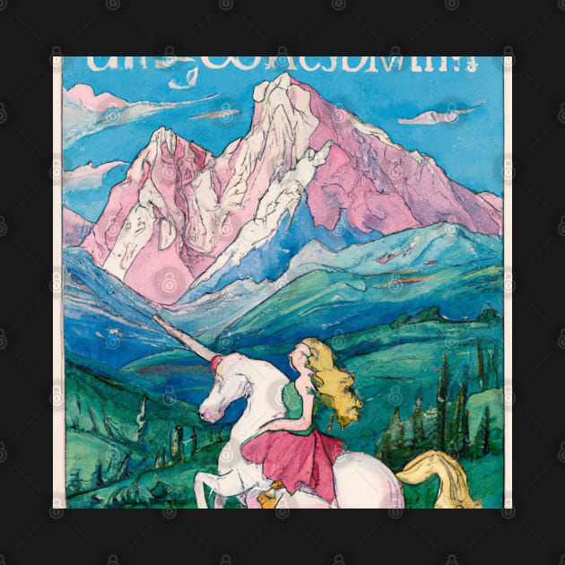 Magazine cover style art mountain scene with unicorn painting abstract art design by DesignIndex