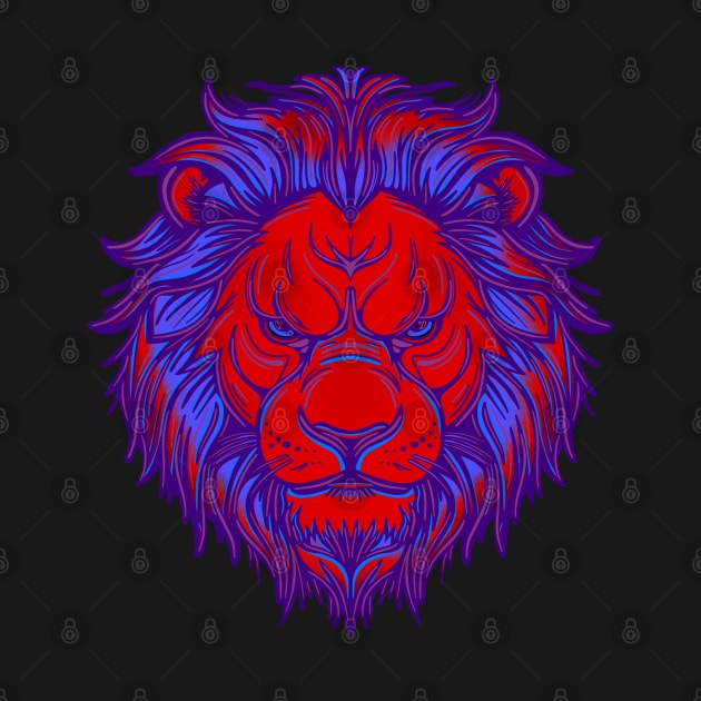 Red and blue lion face with mane by DaveDanchuk