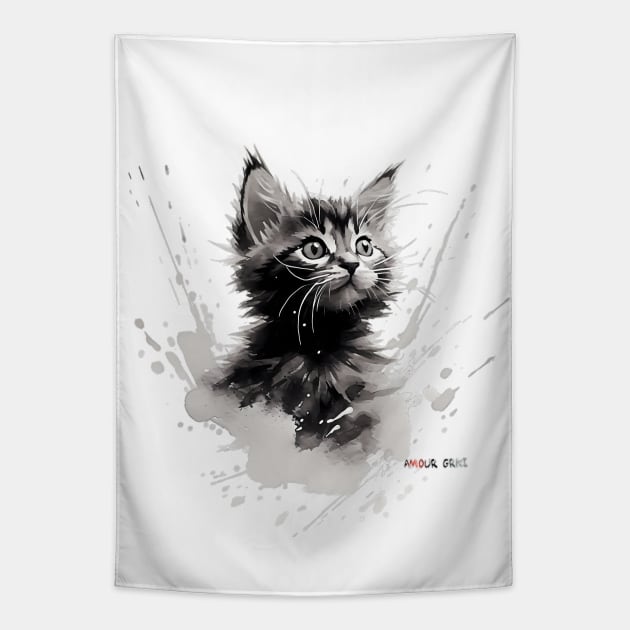 Ink Drawing Sweet Meow Machine Tapestry by Amour Grki