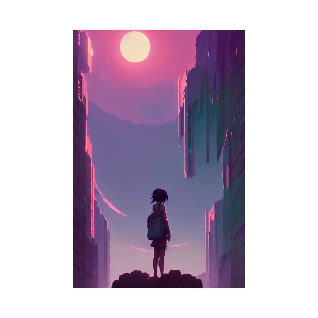 Anime Girl in Magical Streets Sun Lofi Scenario Landscape by Trendy-Now