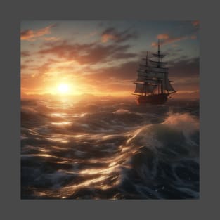 Beautiful sunset over the sea, an old ship sails T-Shirt