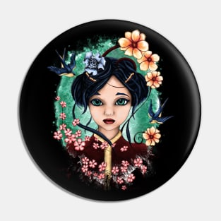 Bright geisha girl portrait, spring illustration Pin