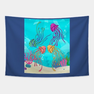 Colorful Luminous Jellyfish Sea Animals Tapestry
