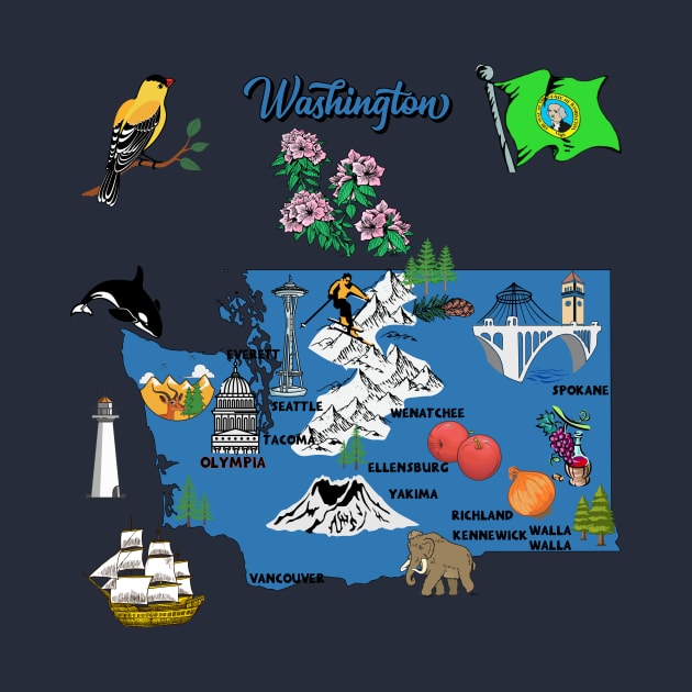 tourism map of Washington state, USA, major cities, flag, landmarks by Mashmosh