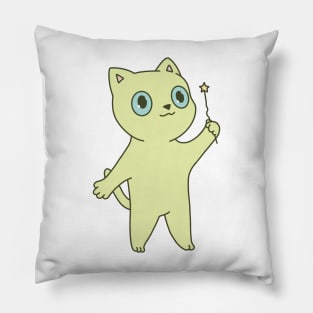 Cute green cat illustration magic wand Pillow