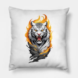 Roaring White Tiger Emerging From Flames Design Pillow