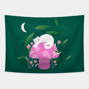 Cute white cat sleeping, mushroom and curious flowers version 3 Tapestry