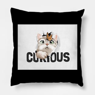 cute cat and butterfly in curious paper hole illustration Pillow