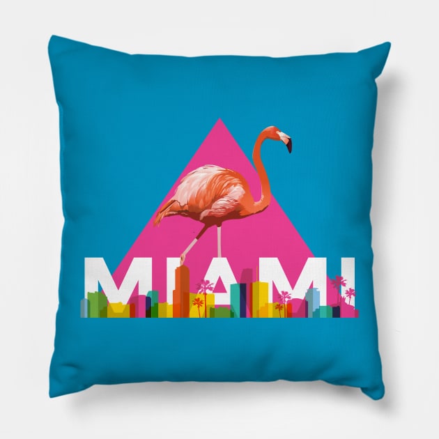 Miami City Skyline Flamingo Design Pillow by UNDERGROUNDROOTS