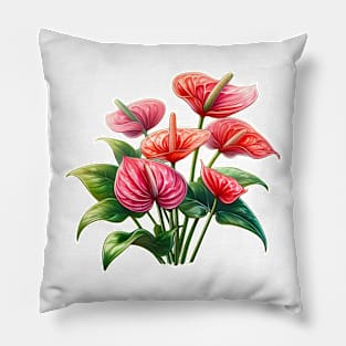 Anthurium Flower - Cartoon Tropical Flower Painting, Red Houseplant Pillow