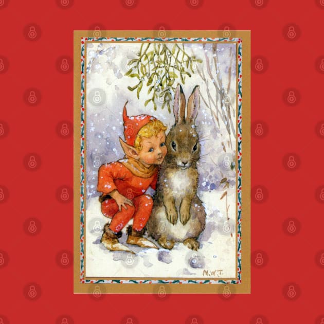 Elf and Rabbit Under Mistletoe Christmas - Margaret Tarrant by forgottenbeauty