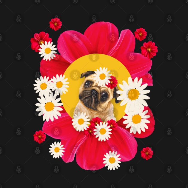 pug in pink flowers by famatrix