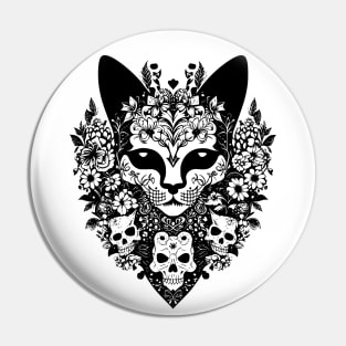 Creepy demon cat with demon skulls and flowers Pin