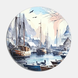 Winter River Boats Pin