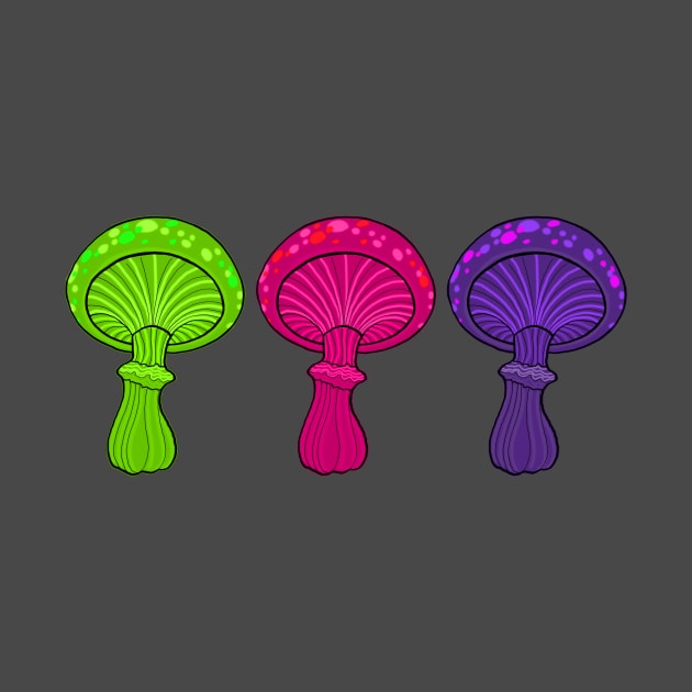 Three New School Mushrooms Dancing In A Row by ckandrus