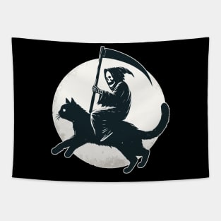 Grim Reaper Riding on Black Cat Tapestry