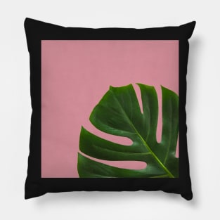 Monstera Leaf on Pink Background- Tropical Plant Vibe Pillow