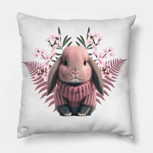 Adorable baby rabbit in pink wool sweater - beautiful flowers and leaves Pillow