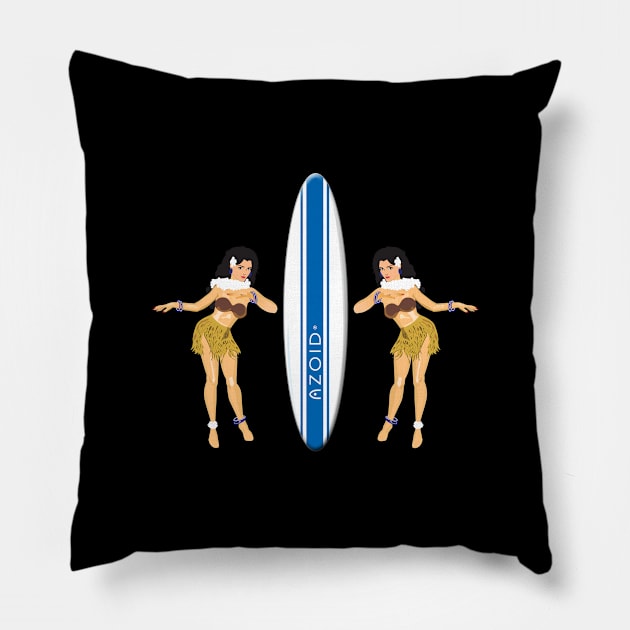 Hula Girls with Surfboard blk Pillow by PauHanaDesign