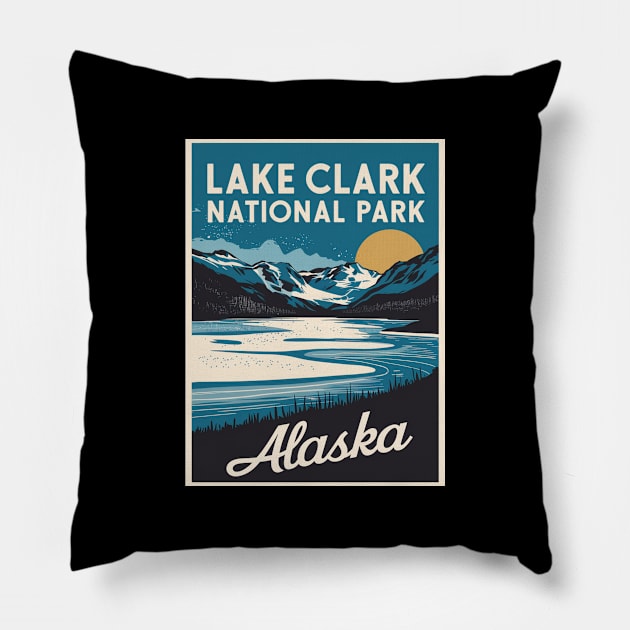Lake Clark National Park Retro Travel Poster Pillow by Perspektiva