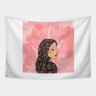 Floral hijabi girl and pink clouds Tapestry