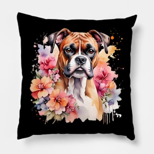 A boxer dog decorated with beautiful watercolor flowers Pillow