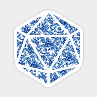 Delft Blue Gradient Rose Vintage Pattern Silhouette D20 - Subtle Dungeons and Dragons Design Magnet