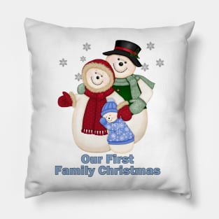 Snowman Snow Family First Christmas - Blue Pillow