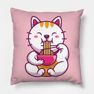 Cute Cat Eating Noodle With Chopstick Cartoon Pillow